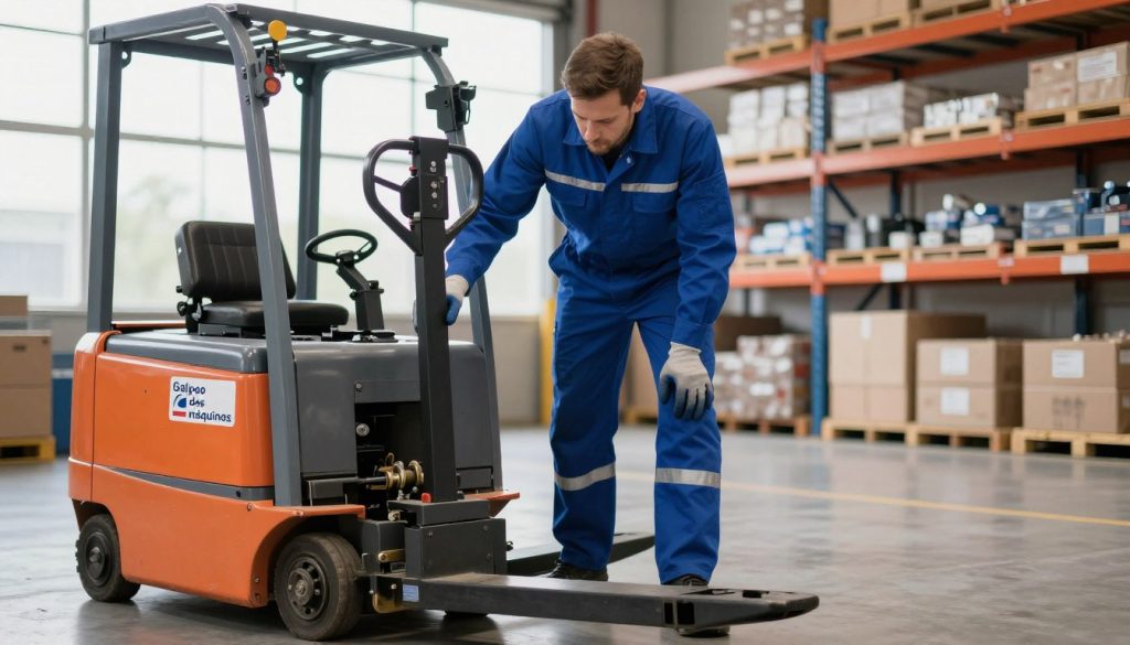 A well-lit warehouse scene featuring a professional technician inspecting an electric pallet jack, focusing on preventative maintenance. In the foreground, the technician, dressed in a blue coverall and safety gloves, closely examines the pallet jack's components, emphasizing care and precision. The middle ground shows a tidy warehouse environment with organized shelves and packages, highlighting the efficient use of space. In the background, soft natural light filters through large windows, creating a bright and inviting atmosphere. The overall mood conveys diligence and professionalism, set within the branding of "Galpão das máquinas," subtly incorporated into the environment through equipment stickers. The angle captures a slightly elevated perspective, offering a clear view of the technician's actions while showcasing the functional setting of the warehouse. A well-lit warehouse scene featuring a professional technician inspecting an electric pallet jack, focusing on preventative maintenance. In the foreground, the technician, dressed in a blue coverall and safety gloves, closely examines the pallet jack's components, emphasizing care and precision. The middle ground shows a tidy warehouse environment with organized shelves and packages, highlighting the efficient use of space. In the background, soft natural light filters through large windows, creating a bright and inviting atmosphere. The overall mood conveys diligence and professionalism, set within the branding of "Galpão das máquinas," subtly incorporated into the environment through equipment stickers. The angle captures a slightly elevated perspective, offering a clear view of the technician's actions while showcasing the functional setting of the warehouse.