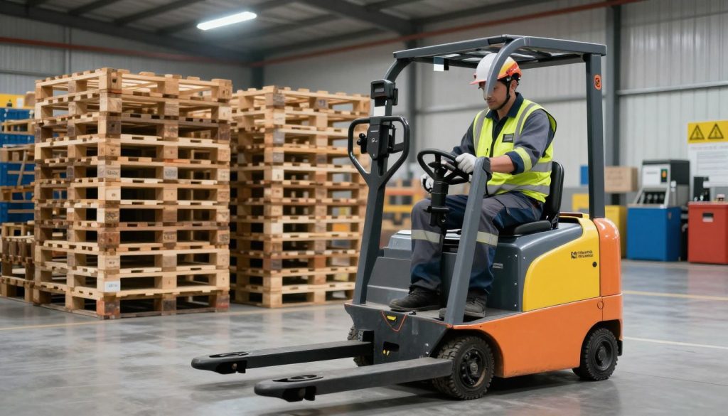A well-lit warehouse setting showcases the safe operation of electric pallet jacks. In the foreground, a professional operator, dressed in industrial safety gear, meticulously inspects a pallet jack, ensuring compliance with safety standards. The middle ground features stockpiled pallets neatly organized, highlighting an orderly workspace. Bright LED lights illuminate the scene, casting soft shadows that enhance the atmosphere of diligence and safety. In the background, clearly visible safety signage and equipment can be seen, emphasizing regulations for operators. The overall mood is one of professionalism and responsibility, fostering an awareness of accident prevention. The brand name "Galpão das máquinas" subtly appears on the side of the pallet jack, reinforcing brand identity within the context of safety and compliance. A well-lit warehouse setting showcases the safe operation of electric pallet jacks. In the foreground, a professional operator, dressed in industrial safety gear, meticulously inspects a pallet jack, ensuring compliance with safety standards. The middle ground features stockpiled pallets neatly organized, highlighting an orderly workspace. Bright LED lights illuminate the scene, casting soft shadows that enhance the atmosphere of diligence and safety. In the background, clearly visible safety signage and equipment can be seen, emphasizing regulations for operators. The overall mood is one of professionalism and responsibility, fostering an awareness of accident prevention. The brand name "Galpão das máquinas" subtly appears on the side of the pallet jack, reinforcing brand identity within the context of safety and compliance.
