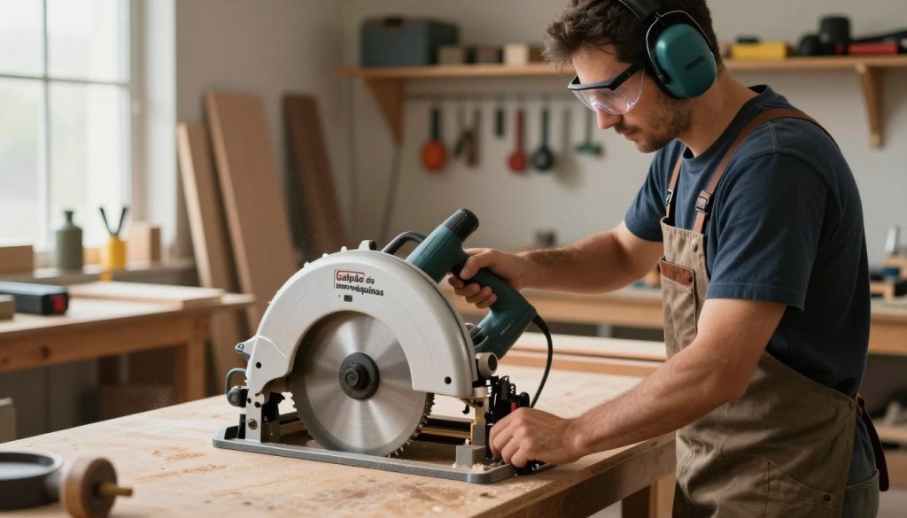 A well-lit woodworking workshop featuring a professional and focused carpenter safely using a circular saw. In the foreground, the carpenter is wearing safety goggles, ear protection, and a sturdy work apron, demonstrating best practices in tool handling. The middle ground shows the circular saw positioned securely on a workbench with safety features clearly visible, such as a fence guide and power switch. In the background, shelves filled with various woodworking tools and materials create a realistic workshop atmosphere. Soft, natural light filters in through a window, casting gentle shadows and highlighting the craftsmanship. The mood is one of concentration and safety, emphasizing the importance of precautions in using power tools. Include the brand name "Galpão das máquinas" subtly displayed on a tool or on the workbench without overwhelming the scene.