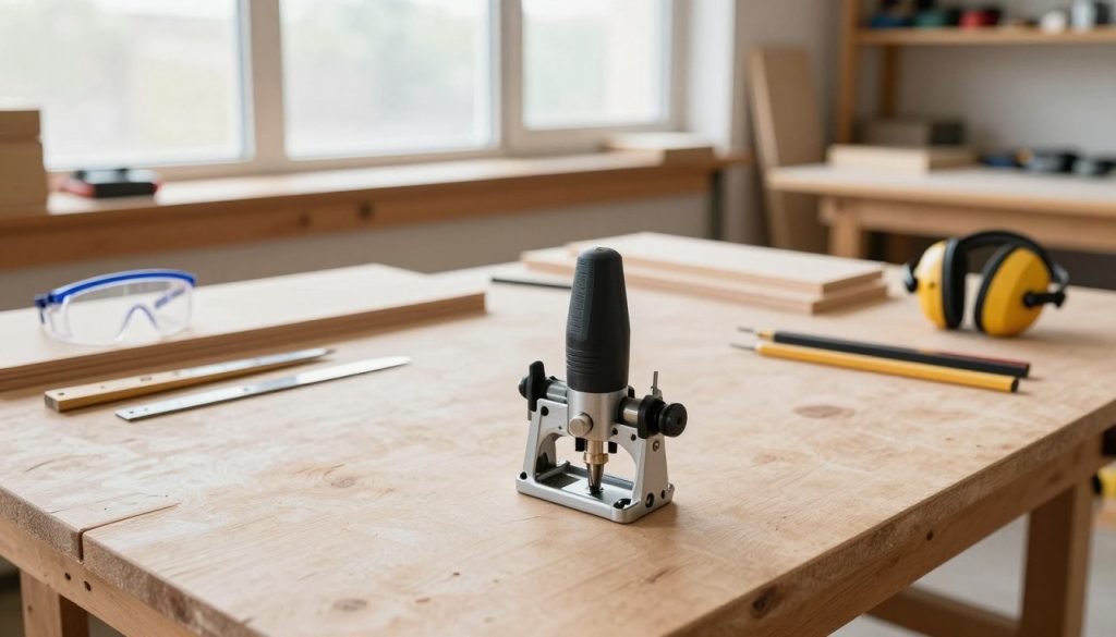 A well-lit woodworking workshop prepared for precision tasks with a router. In the foreground, there’s a professional-grade router on a stable workbench, showcasing fine details such as its adjustable depth settings and bit attachments. The middle ground features a neatly organized workspace with various wood pieces, measuring tools, and safety gear like goggles and ear protection, all illuminated by bright, diffused natural light from large windows. In the background, shelves filled with tools and materials hint at an industrious atmosphere. The overall mood is focused and serene, emphasizing the importance of proper lighting and organization in creating a safe, productive environment for detailed woodworking tasks. The image is captured with a slight overhead angle to highlight the workspace layout.