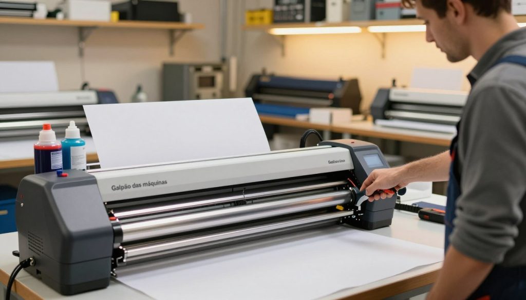 A well-lit workshop environment showcasing a professional setting dedicated to plotter maintenance and care. In the foreground, a detailed view of a technician in smart casual attire carefully inspecting a large format plotter labeled "Galpão das máquinas". The technician holds a cleaning tool, emphasizing the importance of regular upkeep. In the middle ground, various plotter supplies, like rolls of high-quality ink and large paper sheets, are neatly organized on a workbench, indicating a well-maintained workspace. The background features shelves with additional printing equipment under warm, ambient lighting, creating a focused yet inviting atmosphere. The overall mood conveys professionalism and diligence in maintaining equipment longevity.