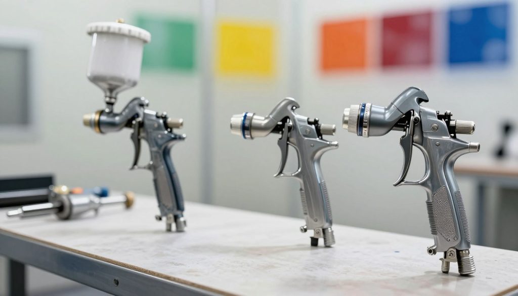 A well-lit workshop environment showcasing a variety of paint spray guns arranged on a workbench, highlighting different types such as HVLP, airless, and gravity feed models. In the foreground, the HVLP spray gun is prominently displayed with close-up details showing its nozzle and trigger mechanism. The middle section features the airless and gravity feed guns side by side, demonstrating their unique designs and features. In the background, a soft-focus view of a paint booth with vibrant paint colors on the wall, enhancing the atmosphere of a professional painting setup. The lighting is bright and even, emphasizing the tools while casting subtle shadows to create depth. The overall mood is informative and professional, ideal for a technical discussion on painting gun types and their applications.