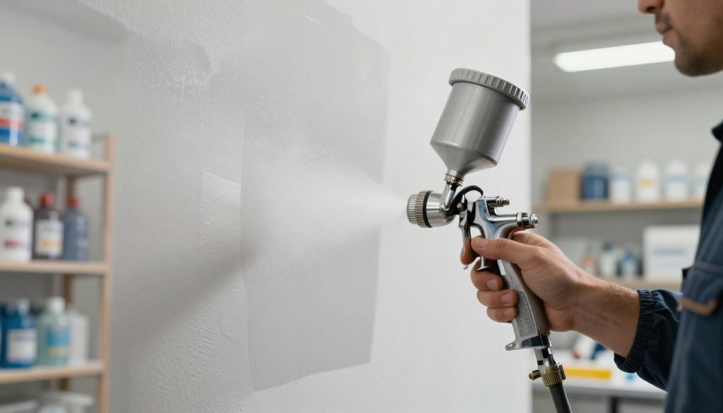 A well-lit workshop scene featuring a close-up of a painting gun being used by a person in professional business attire. The foreground shows the hand gripping the spray gun, with paint droplets misting into the air, capturing the essence of common technical problems like uneven spray and paint runs. In the middle, a partially painted wall reveals patches of inconsistency, reflecting the struggles faced while using a paint sprayer. The background includes shelves of painting supplies and a bright overhead light illuminating the environment. The mood is focused and slightly tense, hinting at the challenges of achieving a flawless finish. Include a subtle branding element for "Galpão das máquinas" displayed on a nearby tool or equipment.