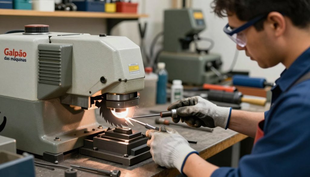 A well-lit workshop scene focused on a grinding machine, showcasing the tool’s various components for sharpening and maintenance. In the foreground, a skilled worker in professional attire, wearing safety goggles and gloves, is carefully adjusting the machine with precision. The middle layer features the grinding machine, detailed with sharp blades and protective guards, highlighting the importance of safety in use. In the background, shelves stacked with tools and equipment create a busy, industrious atmosphere. The lighting is bright and inviting, casting clear shadows to emphasize the worker's careful actions and the machine's functionality. The brand name "Galpão das máquinas" is subtly incorporated in a corner of the image, enhancing the professional setting. The overall mood is focused and industrious, promoting a sense of safety and craftsmanship. A well-lit workshop scene focused on a grinding machine, showcasing the tool’s various components for sharpening and maintenance. In the foreground, a skilled worker in professional attire, wearing safety goggles and gloves, is carefully adjusting the machine with precision. The middle layer features the grinding machine, detailed with sharp blades and protective guards, highlighting the importance of safety in use. In the background, shelves stacked with tools and equipment create a busy, industrious atmosphere. The lighting is bright and inviting, casting clear shadows to emphasize the worker's careful actions and the machine's functionality. The brand name "Galpão das máquinas" is subtly incorporated in a corner of the image, enhancing the professional setting. The overall mood is focused and industrious, promoting a sense of safety and craftsmanship.