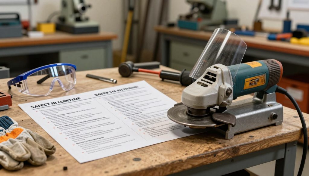 A well-lit workshop scene focused on safety regulations for using a grinder. In the foreground, a sturdy metal grinder with safety gear displayed, including goggles, gloves, and a face shield. The middle section showcases a set of safety rules neatly arranged on a workbench, featuring bullet points about proper operating procedures and protection measures. The background exhibits a bustling workshop environment with tools and machinery, emphasizing a professional atmosphere. The lighting is bright and focused on the equipment to enhance visibility, with a warm, inviting tone. The camera is positioned at eye-level to capture the details clearly, conveying a sense of diligence and caution for safe operations. Include a small logo of "Galpão das máquinas" subtly placed on the workbench.