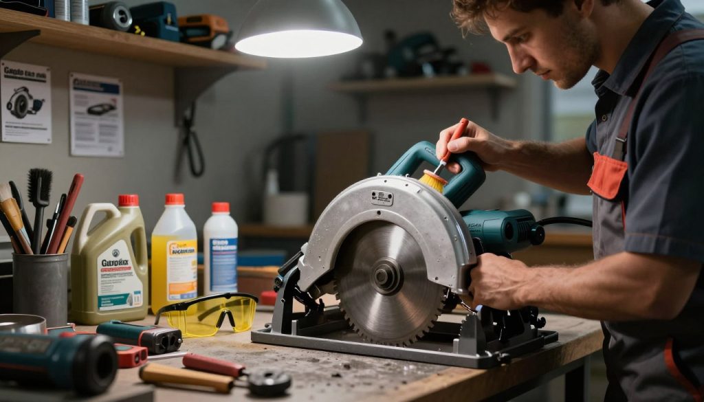 A well-lit workshop scene focused on the maintenance of a circular saw. In the foreground, a skilled technician wearing professional attire carefully inspects a circular saw, its gleaming metal blade prominently displayed. The technician uses a cleaning brush and lubricant, illustrating maintenance practices. The middle ground features a variety of organized tools and maintenance supplies on a workbench, including oil cans and safety goggles. Dimmed ambient lighting contrasts with bright task lighting above the workspace, creating a dynamic and focused atmosphere. In the background, shelves filled with machine parts and maintenance manuals, subtly branded with "Galpão das máquinas" for authenticity. The overall mood conveys professionalism and diligence in equipment care, emphasizing the importance of maintenance for longevity. A well-lit workshop scene focused on the maintenance of a circular saw. In the foreground, a skilled technician wearing professional attire carefully inspects a circular saw, its gleaming metal blade prominently displayed. The technician uses a cleaning brush and lubricant, illustrating maintenance practices. The middle ground features a variety of organized tools and maintenance supplies on a workbench, including oil cans and safety goggles. Dimmed ambient lighting contrasts with bright task lighting above the workspace, creating a dynamic and focused atmosphere. In the background, shelves filled with machine parts and maintenance manuals, subtly branded with "Galpão das máquinas" for authenticity. The overall mood conveys professionalism and diligence in equipment care, emphasizing the importance of maintenance for longevity.