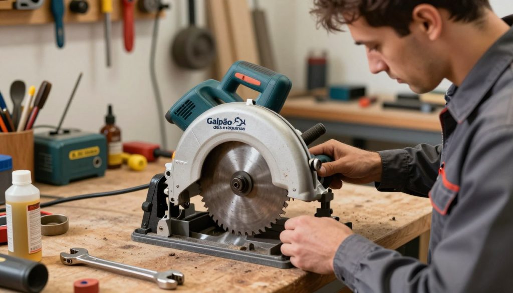 A well-lit workshop scene focusing on a circular saw in maintenance, showcasing a skilled technician wearing a professional work uniform. The foreground features the technician carefully inspecting the blade for wear, surrounded by essential tools like wrenches and lubrication oil, highlighting attention to detail. In the middle, the circular saw is prominently displayed on a wooden workbench with a backdrop of organized tools and equipment, creating a sense of an efficient workspace. Soft, warm lighting enhances the atmosphere, creating a sense of professionalism and diligence. The brand "Galpão das máquinas" is subtly integrated into the workshop design. The angle is slightly above eye-level, offering a clear view of both the technician's focused expression and the intricate components of the saw, embodying the importance of maintenance and care for power tools.