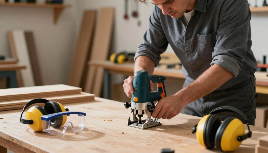 A well-lit workshop scene highlighting the use of a router, showcasing the potential risks associated with its operation. In the foreground, a router is positioned on a workbench, with safety goggles and hearing protection nearby, emphasizing the importance of safety equipment. The middle ground displays a craftsman, dressed in professional business attire, carefully maneuvering the router, with focused expression and precise technique. In the background, various wood materials and tools are neatly arranged, creating a sense of a busy, productive workspace. Soft, warm lighting casts gentle shadows, enhancing the atmosphere of diligence and caution. The overall mood is serious and informative, depicting the critical nature of safety when using a router, without any distractions or text elements in the image.