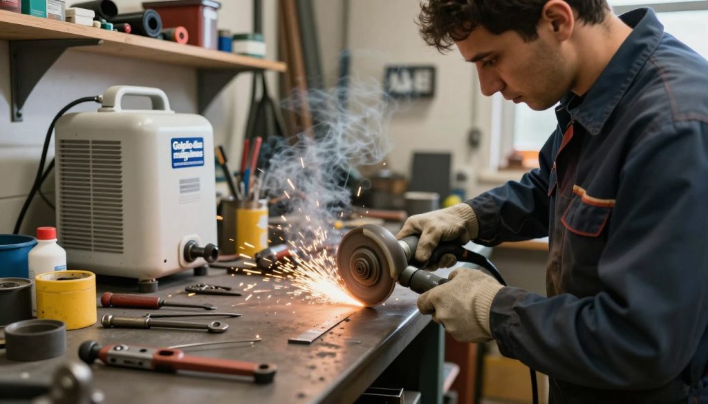 A well-lit workshop scene showcasing a skilled technician using a grinding wheel, focusing on the proper techniques to avoid overheating. In the foreground, the technician, dressed in professional safety gear with a focused expression, is applying coolant to the metal piece being ground. The grinding wheel emits sparks and a faint haze of misty coolant, capturing the dynamic nature of the process. The middle ground features a detailed workbench cluttered with tools, safety equipment, and a cooling system prominently marked with the brand name "Galpão das máquinas". In the background, shelves lined with various materials and additional tools create depth. Soft, warm lighting accentuates the technician's concentration, instilling a sense of diligence and professionalism in the atmosphere.