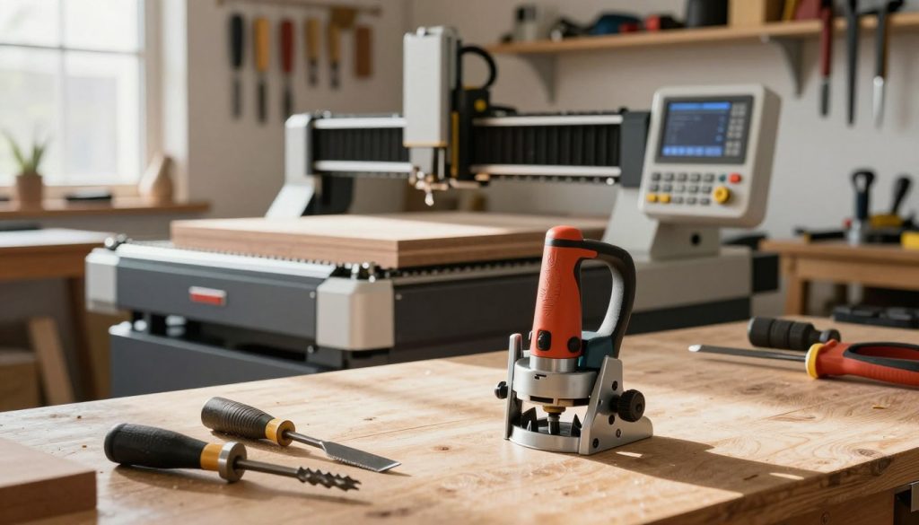 A well-lit workshop scene showcasing a variety of woodworking tools. In the foreground, a precision router (tupia) lies on a wooden workbench, with its bits and accessories neatly arranged nearby. The middle ground features a CNC milling machine, symbolizing modern woodworking technology, with digital controls and a partially finished wood piece. The background includes shelves filled with various hand tools like chisels, saws, and clamps, creating a warm, organized atmosphere. Soft, natural light streams in through a window, casting gentle shadows and highlighting the wood grain texture. The overall mood is one of craftsmanship and precision, emphasizing the importance of both traditional and modern woodworking techniques.