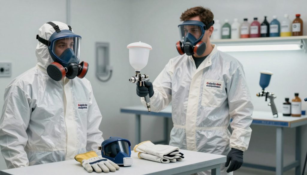A well-lit workshop scene showcasing essential Personal Protective Equipment (PPE) for safely operating a paint spray gun. In the foreground, display high-quality items such as a full-face respirator, safety goggles with anti-fog lenses, heavy-duty gloves, and a protective coverall, all branded with the logo "Galpão das máquinas." In the middle, a professional individual dressed in modest work attire stands confidently, examining the equipment. The background features a clean, organized workspace with paint supplies neatly arranged on a shelf and a spray gun resting on a sturdy workbench. Soft, diffused lighting creates a focused and serious atmosphere, emphasizing the importance of safety in the painting process. The composition is shot from a slightly elevated angle, offering a clear view of both the individual and the PPE.