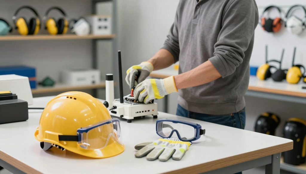 A well-lit workshop scene showcasing essential personal protective equipment (PPE) for operating a router. In the foreground, display a sturdy safety helmet with a clear visor, protective goggles, and high-visibility gloves. The middle ground features a professional worker dressed in modest casual clothing, demonstrating proper PPE usage. They stand beside a robust workbench with a router, showcasing safety practices. In the background, add shelves stocked with more PPE items like ear protection, dust masks, and knee pads. Use soft, diffuse lighting to emphasize the PPE and create a safe, professional atmosphere. Capture the scene from a slightly elevated angle to provide a comprehensive view, ensuring no text or identifying marks are present.