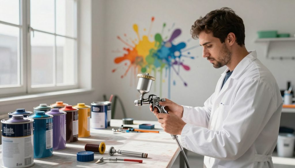 A well-lit workshop scene showcasing various painting techniques for spray application. In the foreground, a professional painter in a white lab coat carefully adjusts the pressure settings on a high-quality spray gun, focusing intently on the task. The middle ground displays an array of colored paint cans and tools neatly organized on a workbench, emphasizing the artistic aspect of the spray painting process. In the background, vibrant splashes of paint on the walls illustrate different techniques, adding an energetic flair to the environment. Natural light streams in through large windows, casting dynamic shadows and creating a bright, inspiring atmosphere. Include branding elements of "Galpão das máquinas" subtly in the decor to enhance the setting while maintaining a professional appearance.