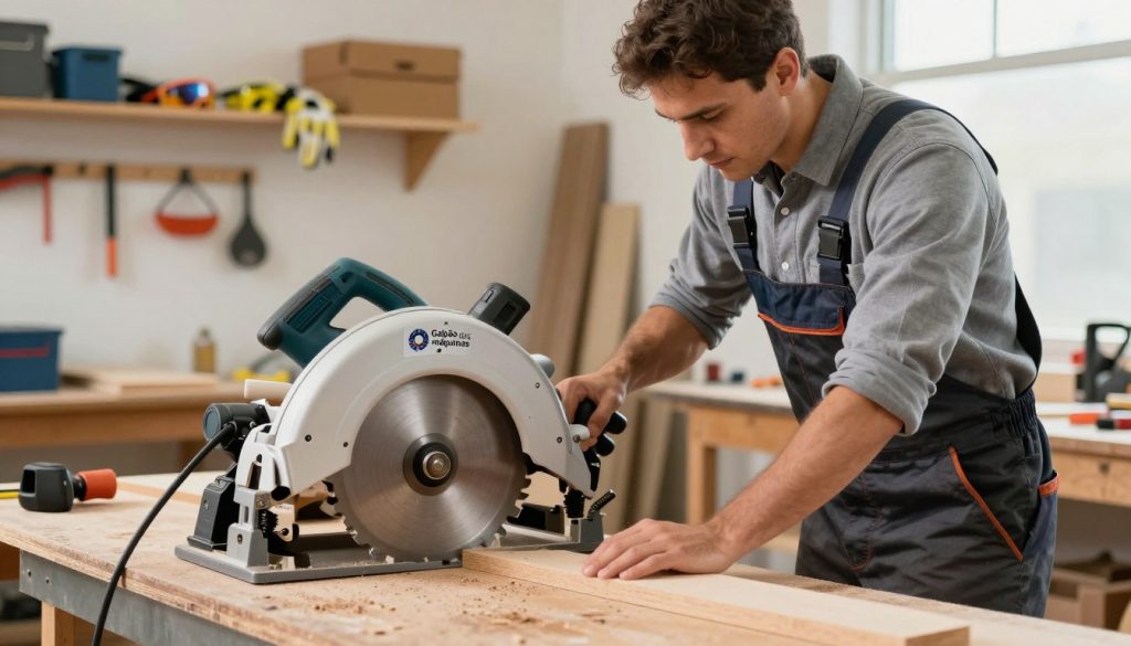 A well-lit workshop setting focused on safe operation techniques with a circular saw. In the foreground, a skilled worker in professional business attire demonstrates proper stance and hand placement while cutting wood, showcasing a steady grip on the saw. The middle ground features the circular saw on a sturdy workbench, equipped with safety features like a blade guard and using proper cutting techniques. In the background, shelves stocked with tools and safety gear such as goggles and gloves emphasize the safety aspect, with warm, natural light flooding the scene to create an inviting atmosphere. The branding "Galpão das máquinas" subtly integrated into the workspace. The image should convey a sense of professionalism and safety awareness, with careful attention to detail in tool placement and worker posture. A well-lit workshop setting focused on safe operation techniques with a circular saw. In the foreground, a skilled worker in professional business attire demonstrates proper stance and hand placement while cutting wood, showcasing a steady grip on the saw. The middle ground features the circular saw on a sturdy workbench, equipped with safety features like a blade guard and using proper cutting techniques. In the background, shelves stocked with tools and safety gear such as goggles and gloves emphasize the safety aspect, with warm, natural light flooding the scene to create an inviting atmosphere. The branding "Galpão das máquinas" subtly integrated into the workspace. The image should convey a sense of professionalism and safety awareness, with careful attention to detail in tool placement and worker posture.