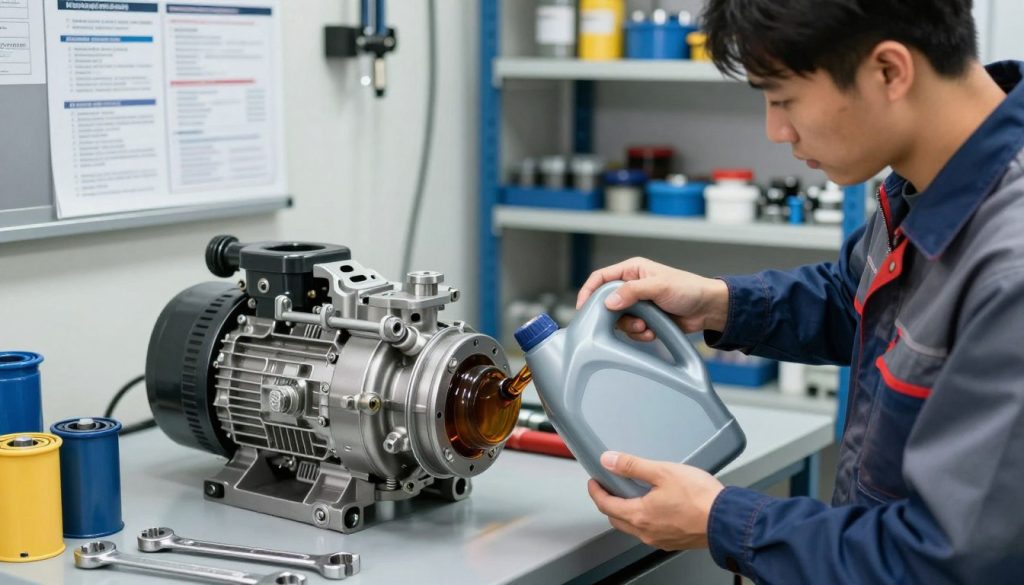A well-lit workshop setting focused on the oil change process for a vacuum pump. In the foreground, an experienced technician in professional work attire, with a focused expression, is depicted holding an oil container, poised to refill the pump. In the middle, a sleek vacuum pump is prominently displayed, partially disassembled, showing its internal components, with a visible oil reservoir. Tools and equipment are neatly arranged around the workspace, including wrenches and oil filters. The background features shelves stocked with spare parts and maintenance manuals, illuminated by bright, artificial lighting that emphasizes the cleanliness and organization of the space. The overall atmosphere conveys a sense of professionalism and expertise in machinery maintenance.
