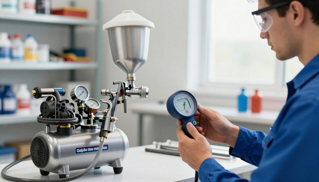 A well-lit workshop setting showcasing a professional measuring air consumption for a paint spray gun. In the foreground, a skilled technician dressed in a blue work shirt and protective goggles holds a digital flow meter, attentively observing the measurement display. The middle ground features a paint spray gun connected to an air compressor, demonstrating the linkage clearly with visible hoses and gauges. In the background, shelves stocked with paint supplies and tools add context, while natural light streams through a window, creating a bright and focused atmosphere. The scene emphasizes precision and professionalism, reflecting the intricate process of calculating air consumption. Prominently display the brand name "Galpão das máquinas" on the equipment, maintaining a neat and informative aesthetic.