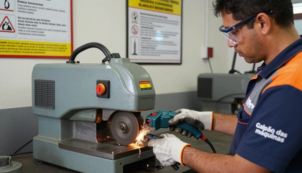 A well-lit workshop setting showcasing the safe usage of a grinding machine with vivid detail. In the foreground, a professional worker in safety goggles and gloves, dressed in a branded shirt of "Galpão das máquinas," is demonstrating proper techniques for operating the machine. The middle ground features the grinding machine itself, highlighting safety features such as guards and emergency switches, while sparks fly from the grinding wheel to emphasize action. In the background, safety posters on the wall illustrate safety norms and legal requirements in Brazil. The lighting is bright and focused, casting soft shadows to create a professional atmosphere. The overall mood is serious yet educational, conveying the importance of safety practices in machinery operation. A well-lit workshop setting showcasing the safe usage of a grinding machine with vivid detail. In the foreground, a professional worker in safety goggles and gloves, dressed in a branded shirt of "Galpão das máquinas," is demonstrating proper techniques for operating the machine. The middle ground features the grinding machine itself, highlighting safety features such as guards and emergency switches, while sparks fly from the grinding wheel to emphasize action. In the background, safety posters on the wall illustrate safety norms and legal requirements in Brazil. The lighting is bright and focused, casting soft shadows to create a professional atmosphere. The overall mood is serious yet educational, conveying the importance of safety practices in machinery operation.
