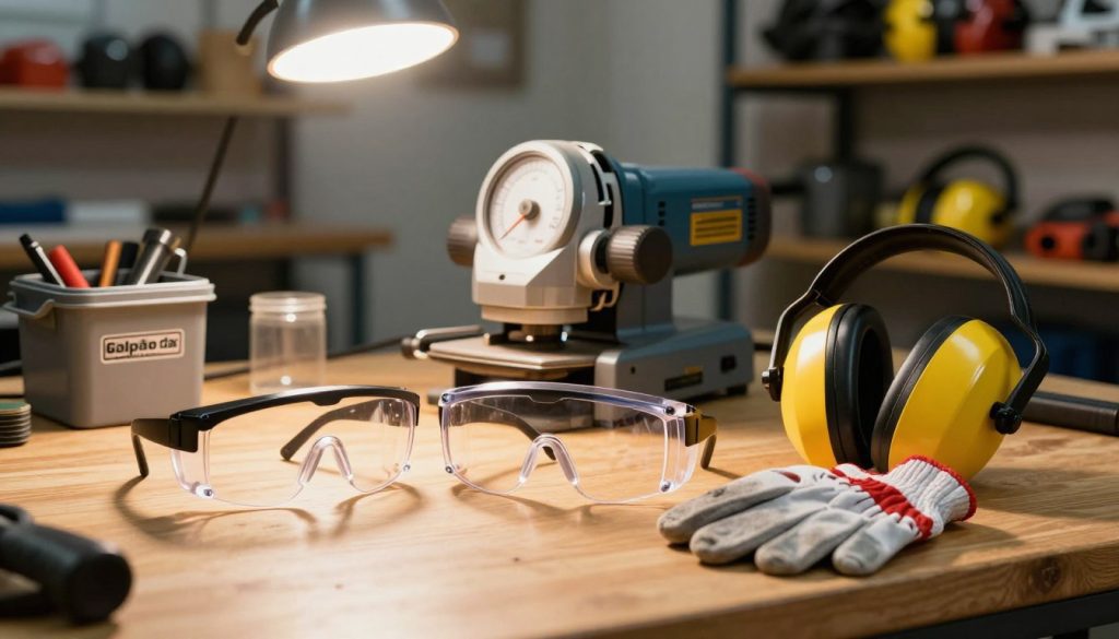 A well-lit workshop setting where a variety of protective equipment for grinding tools is displayed. In the foreground, there are safety goggles, gloves, and ear protection prominently arranged on a wooden workbench with a bright, focused light illuminating them. In the middle ground, a sturdy grinder machine is seen with its speed settings visible, reflecting the importance of speed in operation. The background features shelves with additional safety gear, conveying an organized workspace atmosphere. The lighting has a warm tone, creating a professional yet inviting mood. The brand name "Galpão das máquinas" is subtly integrated into the scene on a tool container nearby. The overall image emphasizes safety and maintenance related to grinding speed without any distractions or text overlays.