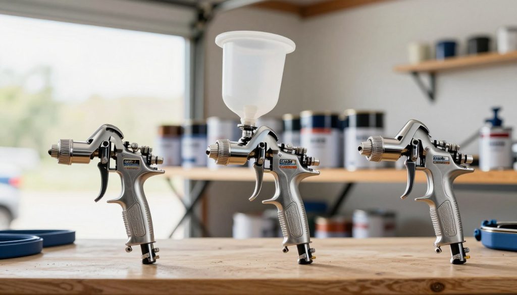 A well-lit workspace showcasing various types of spray guns, prominently featuring models from "Galpão das máquinas". In the foreground, include three distinct types of paint spray guns: a gravity feed gun with an intricate nozzle, a siphon feed gun with a wide paint cup, and an airless spray gun with a robust design. The middle layer should display paint cans and tools typically used in painting projects, arranged neatly for an organized look. In the background, a soft-focus image of an open garage door allows natural light to stream in, creating an inviting atmosphere. The overall mood should be professional and informative, suitable for an instructional article, with clear details emphasizing the differences among the spray guns. A well-lit workspace showcasing various types of spray guns, prominently featuring models from "Galpão das máquinas". In the foreground, include three distinct types of paint spray guns: a gravity feed gun with an intricate nozzle, a siphon feed gun with a wide paint cup, and an airless spray gun with a robust design. The middle layer should display paint cans and tools typically used in painting projects, arranged neatly for an organized look. In the background, a soft-focus image of an open garage door allows natural light to stream in, creating an inviting atmosphere. The overall mood should be professional and informative, suitable for an instructional article, with clear details emphasizing the differences among the spray guns.