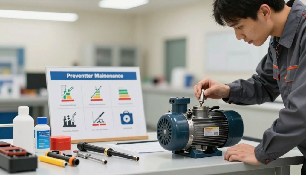 A well-maintained vacuum pump in a clean, professional workshop setting. In the foreground, a technician in a business casual outfit is inspecting the pump, showing attention to detail. Tools and maintenance supplies are neatly arranged nearby, emphasizing a sense of organization and readiness. In the middle ground, a chart displaying the benefits of preventive maintenance is subtly placed on a workbench, featuring visual icons like efficiency, cost savings, and longevity, without any text. The background showcases a well-lit workshop, with soft, diffused lighting creating a warm and inviting atmosphere. The scene captures a sense of professionalism and diligence, with a focus on the importance of preventive maintenance for vacuum pumps.