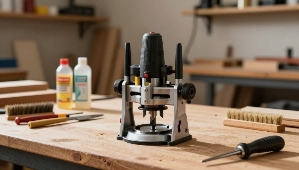 A well-maintained woodworking router sits prominently in the foreground, gleaming with meticulous care. The router has clear details, showcasing its body and blades in sharp focus, with tools for cleaning placed nearby. In the middle ground, a wooden workbench displays various maintenance tools—brushes, lubricants, and a manual, accentuating the theme of preventive care. The background is softly blurred to highlight the router, featuring a warm, well-lit workshop ambiance with wooden shelves and various woodworking projects. Dramatic but soothing lighting casts gentle shadows, creating an inviting atmosphere. The overall mood reflects professionalism and attention to detail, essential for the maintenance of woodworking equipment.