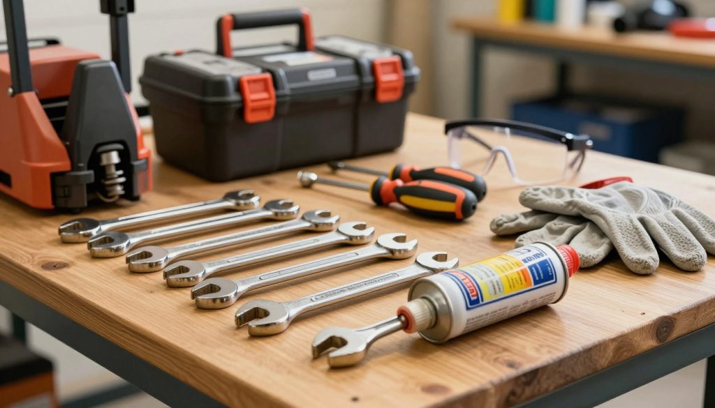 A well-organized array of maintenance tools and materials for manual pallet jack repair, prominently featuring wrenches, screwdrivers, grease, and safety gloves placed neatly on a wooden workbench. In the foreground, focus on a close-up of a wrench alongside a can of lubricant, with clear textures and reflections highlighting their metallic surfaces. The middle ground includes a toolbox and a pair of safety goggles, while the background is softly blurred, suggesting a workshop environment with faint shelves of equipment. Use warm, natural lighting to create a cozy yet professional atmosphere, with an emphasis on functionality. The brand name "Galpão das máquinas" subtly displayed on an engraved tool. Shoot from a slightly elevated angle to capture all elements harmoniously.