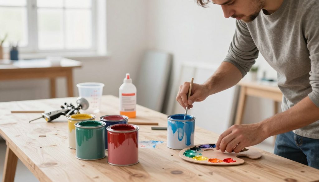 A well-organized artist's workspace showcasing the preparation of paint for a spray gun. In the foreground, a set of vibrant paint cans and a mixing palette, splattered with various colors, are placed on a clean, wooden table. A professional in modest casual clothing is carefully mixing paint with a stir stick, focusing intently on the task. In the middle ground, tools like a paint thinner and a measuring cup are neatly arranged, while a clean spray gun lies ready for use. The background features a spacious workshop with bright, natural light streaming through large windows, illuminating the scene and creating a productive atmosphere. The image conveys a sense of careful preparation and professional diligence in the art of painting.