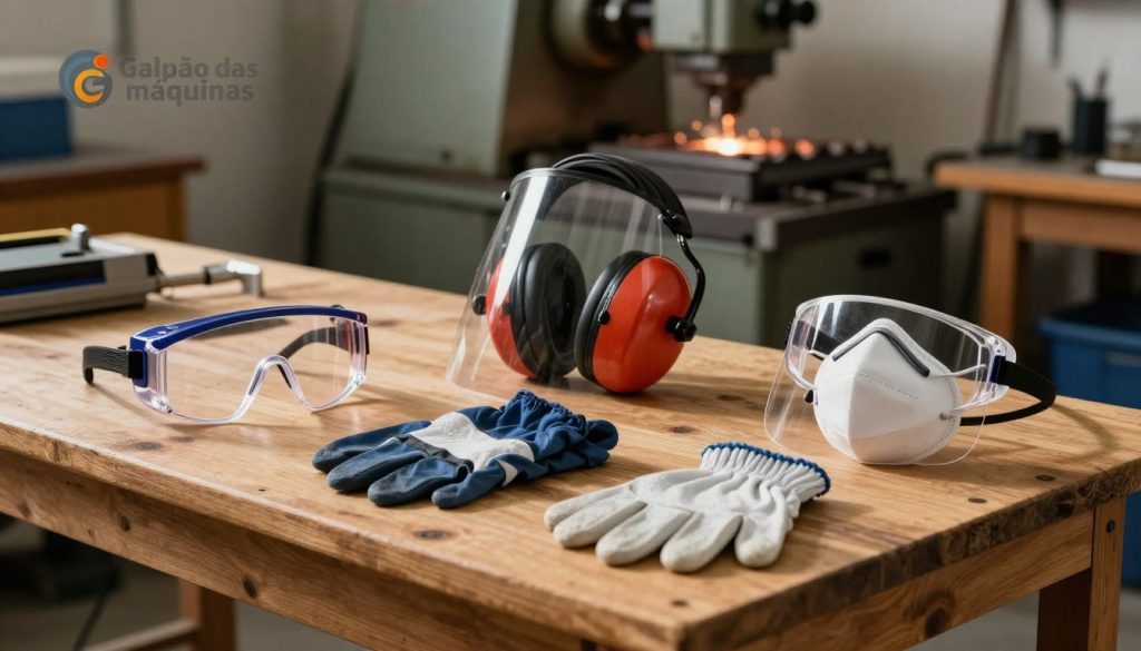 A well-organized display of essential personal protective equipment (PPE) for grinding, including safety goggles, face shields, hearing protection, gloves, and dust masks. The equipment is arranged on a sturdy wooden workbench in a workshop environment, emphasizing integrity and safety. In the background, a dimly lit grinding machine is visible, casting soft shadows across the scene. The lighting is bright but warm, highlighting the details of each protective item. The focus is sharp on the PPE in the foreground, with a slight blur on the background machinery to create depth. A subtle logo of "Galpão das máquinas" is incorporated into a corner of the image. The atmosphere conveys a serious professional setting, underscoring the importance of safety in grinding operations. A well-organized display of essential personal protective equipment (PPE) for grinding, including safety goggles, face shields, hearing protection, gloves, and dust masks. The equipment is arranged on a sturdy wooden workbench in a workshop environment, emphasizing integrity and safety. In the background, a dimly lit grinding machine is visible, casting soft shadows across the scene. The lighting is bright but warm, highlighting the details of each protective item. The focus is sharp on the PPE in the foreground, with a slight blur on the background machinery to create depth. A subtle logo of "Galpão das máquinas" is incorporated into a corner of the image. The atmosphere conveys a serious professional setting, underscoring the importance of safety in grinding operations.