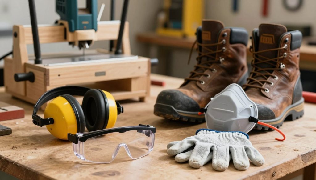 A well-organized display of essential personal protective equipment (PPE) for using a router, including safety goggles, hearing protection, dust mask, gloves, and sturdy work boots. In the foreground, prominently feature a pair of safety goggles resting on a workbench, with gloves and a dust mask neatly arranged beside them. The middle ground should showcase a pair of sturdy work boots, emphasizing durability. In the background, vividly depict a workshop environment, with a wooden router and various woodworking tools subtly visible. The lighting should be warm and inviting, creating a professional atmosphere. Use a slight tilt-angle perspective to enhance depth, focusing on the equipment while maintaining an organized feel. The overall mood should convey safety and professionalism, emphasizing the importance of gear when working with power tools.