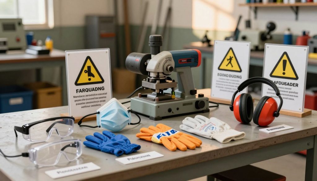 A well-organized display of mandatory personal protective equipment (PPE) for using a bench grinder, emphasizing safety features. In the foreground, showcase items like safety goggles, a dust mask, ear protection, and heavy-duty gloves, all clearly labeled and in vibrant colors. The middle ground should feature a sturdy workbench with a bench grinder, surrounded by safety signs highlighting precautions. In the background, an industrial workshop setting bathed in warm, natural light, with tools and machinery faintly visible to enhance the atmosphere of professionalism and safety. The scene should evoke a sense of awareness and responsibility. Include the brand name "Galpão das máquinas" discretely integrated into the design of the workstation. Use a slightly elevated angle for a comprehensive view, ensuring clarity of the equipment. A well-organized display of mandatory personal protective equipment (PPE) for using a bench grinder, emphasizing safety features. In the foreground, showcase items like safety goggles, a dust mask, ear protection, and heavy-duty gloves, all clearly labeled and in vibrant colors. The middle ground should feature a sturdy workbench with a bench grinder, surrounded by safety signs highlighting precautions. In the background, an industrial workshop setting bathed in warm, natural light, with tools and machinery faintly visible to enhance the atmosphere of professionalism and safety. The scene should evoke a sense of awareness and responsibility. Include the brand name "Galpão das máquinas" discretely integrated into the design of the workstation. Use a slightly elevated angle for a comprehensive view, ensuring clarity of the equipment.