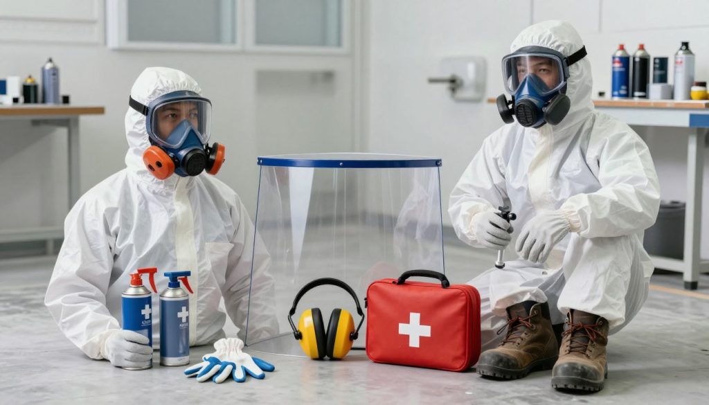 A well-organized display of personal protective equipment (PPE) for spray painting, showcasing key items. In the foreground, focus on essential PPE: a full-face respirator, protective goggles, a high-quality paint spray suit, gloves, and sturdy work boots. In the middle ground, arrange additional safety items like a paint shield, ear protection, and a first aid kit. The background should have a softly blurred workshop setting, with splash-proof barriers and spray paint cans on a workbench, creating a sense of an active spray painting environment. Use bright, natural lighting to highlight the equipment's colors and details while maintaining a clean, professional atmosphere. Capture the image from a slightly elevated angle to provide a comprehensive view of the setup, emphasizing safety and professionalism in the context of spray painting.
