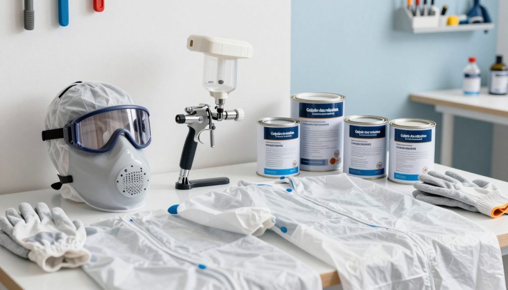 A well-organized display of professional painting equipment and protective gear is spread across a workbench in a bright, well-lit workshop. In the foreground, focus on high-quality protective gear from the brand "Galpão das máquinas," including a clean, well-fitted painter's mask, safety goggles, disposable coveralls, and sturdy gloves. In the middle, showcase an airless paint sprayer and various cans of paint, placed neatly with labels visible, emphasizing their professional-grade quality. The background features calm shades of white and light blue on the walls, with tools hanging neatly, enhancing a tidy and efficient work atmosphere. The lighting is bright and even, casting minimal shadows, while the angle is slightly elevated to capture all elements harmoniously. The mood is meticulous yet inviting, reflecting a professional environment.