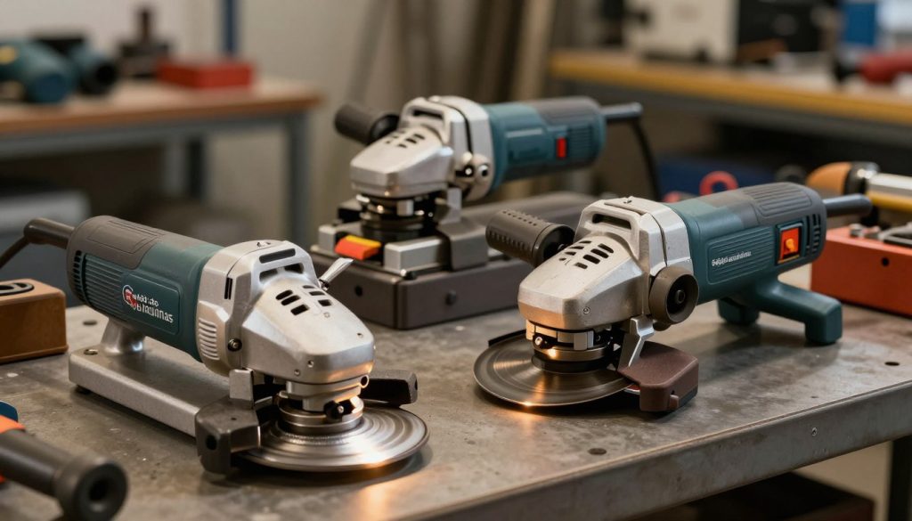 A well-organized display of various types of grinders, specifically showcasing bench grinders, angle grinders, and belt grinders. In the foreground, feature a well-lit bench grinder with a sleek metal design, its wheels clearly visible and glistening in the light. In the middle ground, include an angle grinder positioned with its protective guard and colorful power switch highlighted, and a belt grinder partially visible, emphasizing its extended belt mechanism. The background should portray an industrial workshop setting with tools and machinery in soft focus, creating a productive atmosphere. Utilize warm, ambient lighting to enhance the professional environment. Capture the image at a slightly elevated angle to give a comprehensive view of the grinders while ensuring the brand name "Galpão das máquinas" is subtly incorporated into the scene without overshadowing them.