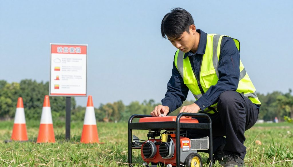 A well-organized outdoor setup showcasing energy generator safety practices. In the foreground, a professional technician dressed in a sleek, high-visibility vest is carefully inspecting a portable generator, checking safety protocols. The middle ground features safety cones and informational signage about safe operation procedures. In the background, a clear blue sky contrasts with a lush green landscape, emphasizing a tranquil yet alert atmosphere. The lighting is bright and even, simulating daylight, enhancing the focus on safety gear and equipment. Use a slightly downward angle to capture the technician’s concentration and the careful arrangement of safety measures, imparting a sense of diligence and responsibility in energy generator usage.