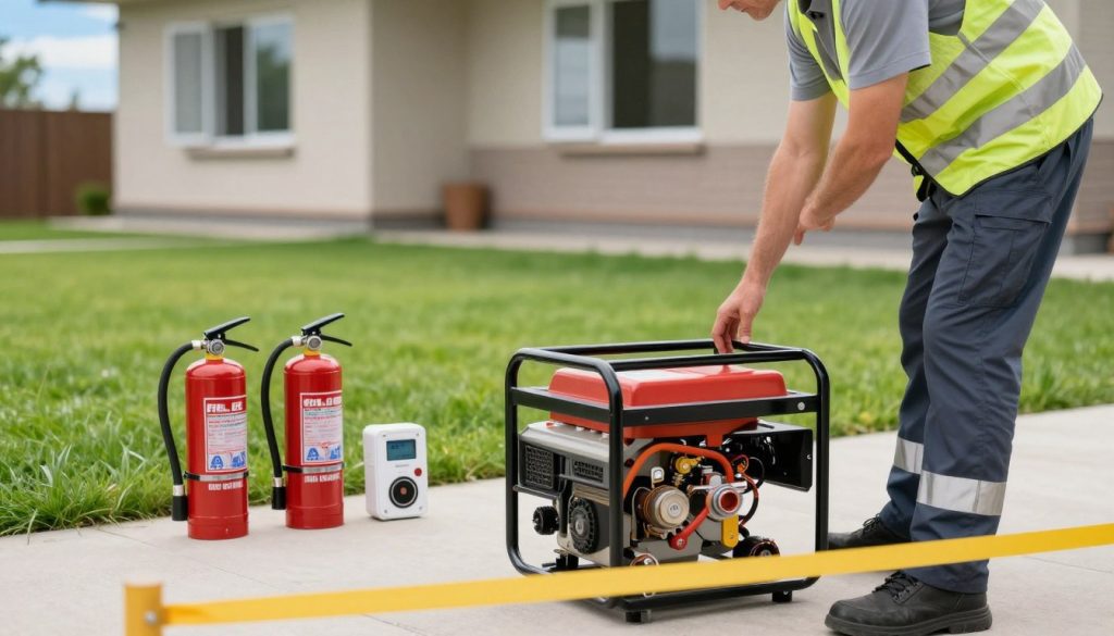 A well-organized scene depicting safety precautions when using a power generator. In the foreground, a safety-conscious individual in professional attire inspects a power generator, which is placed on a level outdoor surface with clear safety barriers around it. In the middle ground, various safety equipment is visible, such as a fire extinguisher and carbon monoxide detector, with a vibrant green lawn as a backdrop. The background showcases a home with open windows, emphasizing ventilation, and a clear blue sky that suggests a sunny day. Use soft, natural lighting to create a calm and reassuring atmosphere. The angle should provide a slightly elevated view, capturing both the individual and the safety tools effectively while maintaining a focus on the importance of safety.