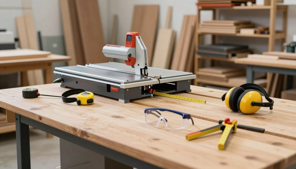A well-organized workshop environment, showcasing a clean and safe workspace prepared for a band saw operation. In the foreground, a sturdy wooden workbench with neatly arranged tools such as measuring tape, safety goggles, and clamps. In the middle, a band saw positioned prominently, with protective gear like ear protection and a push stick nearby, emphasizing safety. In the background, shelves stocked with wood and materials, with soft overhead lighting creating a bright, inviting atmosphere. The angle is slightly elevated, capturing the layout of the tools and equipment, reflecting a sense of readiness and professionalism. Overall, the mood is focused and productive, suggesting an efficient setup for woodworking tasks.