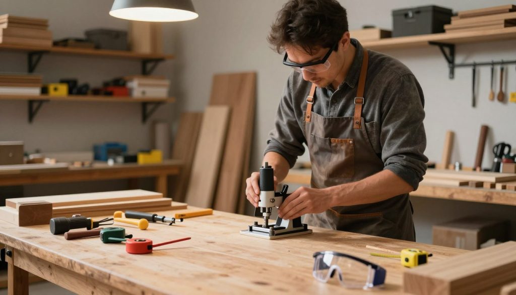 A well-organized workshop scene focused on the preparation for working with a router (tupia). In the foreground, a sturdy wooden workbench is cluttered with essential tools—routers, clamps, safety goggles, and measuring tapes—highlighting the meticulous setup. The middle ground features a skilled craftsman wearing a professional apron and safety glasses, focused on adjusting a router's settings with precision. In the background, shelves lined with various wood types and tools reflect an orderly workspace, illuminated by warm overhead lights. Soft shadows and a slightly blurred background create depth, emphasizing the craftsman’s concentration. The scene conveys a calm and dedicated atmosphere, showcasing the care and preparation necessary for achieving a superior finish in woodworking.