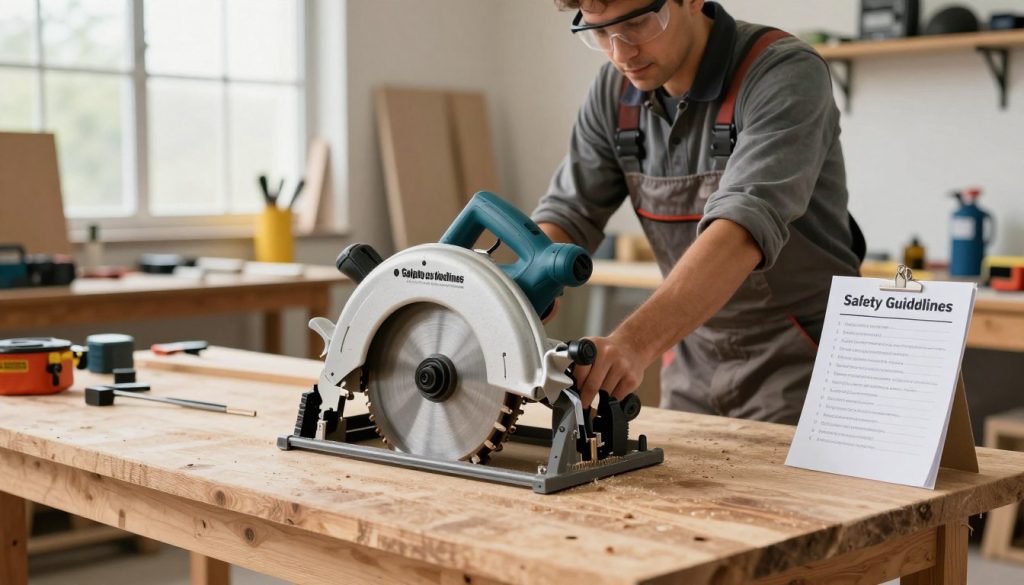 A well-organized workshop scene highlighting circular saw safety measures. In the foreground, a circular saw on a sturdy wooden workbench, prominently displaying safety features like a guard and dust collection. To the side, a checklist titled "Safety Guidelines" with bullet points about preparation before operation, such as wearing protective eyewear and using clamps. In the middle ground, a carpenter in professional work attire, focused on adjusting the saw with care. The background features well-arranged tools and safety equipment, subtly branded with "Galpão das máquinas." Bright, natural lighting filters through a workshop window, creating a productive and focused atmosphere. The angle captures the active engagement of the carpenter, emphasizing safety and preparedness.