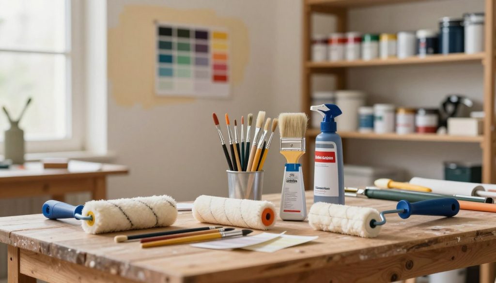 A well-organized workshop scene showcasing various painting tools for selecting the ideal painting instrument. In the foreground, a selection of paintbrushes, rollers, and a paint sprayer from "Galpão das máquinas" is neatly arranged on a wooden workbench. The middle ground features a partially painted wall with color swatches pinned next to it. In the background, shelves filled with different types of paints and other painting equipment, softly blurred to maintain focus on the tools. The lighting is warm and inviting, with natural light filtering through a window, creating a cozy atmosphere. The composition conveys a sense of professionalism and choice, ideal for discussing the nuances of opting for the right tool for a painting project.
