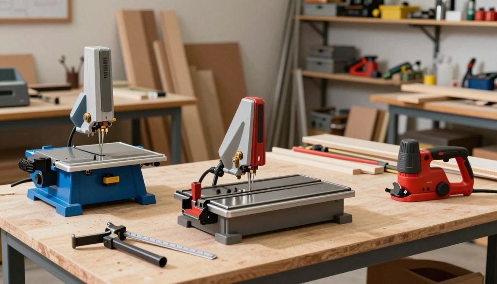 A well-organized workshop setting showcasing various types of bandsaws prominently displayed on a workbench. In the foreground, focus on three distinct models of bandsaws: a vertical bandsaw with a bright blue frame, a horizontal metal bandsaw in a rugged gray finish, and a compact portable bandsaw with red accents. In the middle ground, tools, wood and metal scraps hint at ongoing projects, with clamps and measuring tools arranged neatly. The background features shelves filled with saw blades and woodworking supplies, under warm, natural lighting that casts soft shadows, giving a welcoming ambiance. The scene conveys a sense of industriousness and professionalism, suitable for a workshop environment, captured from a slightly elevated angle for depth.