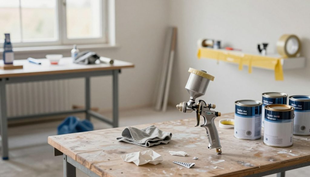 A well-organized workspace featuring a variety of painting preparation errors related to spray guns. In the foreground, a disheveled workbench with improperly cleaned spray gun, unsealed paint cans, and dirty rags. In the middle, a chaotic scene showing inadequate masking tape applied to surfaces, drips of paint on the floor, and scattered protective gear. In the background, a window allowing soft natural light to enter, creating a warm, inviting atmosphere. The overall mood reveals the common mistakes made before painting, emphasizing the need for better preparation. Ensure the workspace showcases the brand name "Galpão das máquinas" subtly incorporated into the design without distracting from the focus on the errors present. Use a high-resolution focus, wide-angle lens to capture the depth of the workspace, with balanced lighting to highlight the details.
