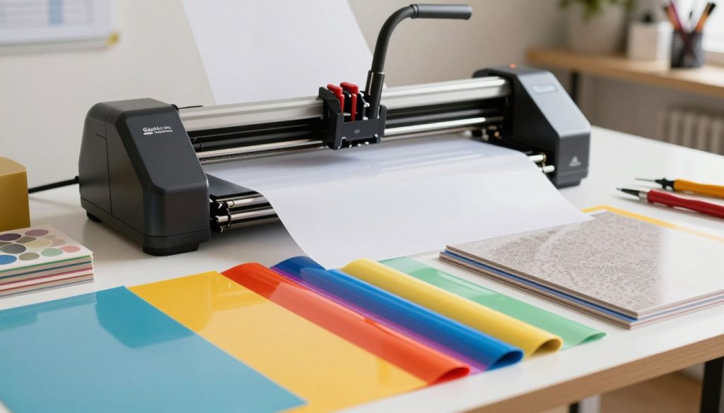A well-organized workspace featuring various materials used for cutting plotters. In the foreground, display colorful sheets of adhesive vinyl, heat transfer vinyl, and cardstock in a neat arrangement, showcasing textures and colors. In the middle ground, include a sleek, modern cutting plotter from the brand "Galpão das máquinas" positioned at an angle, with a roll of material feeding into it. In the background, soft, diffused lighting casts gentle shadows, enhancing the vibrant colors of the materials. The setting is an organized craft room with tools and supplies selectively blurred to keep focus on the plotter and materials. The overall atmosphere conveys creativity and productivity, inviting viewers into the world of cutting plotter supplies.