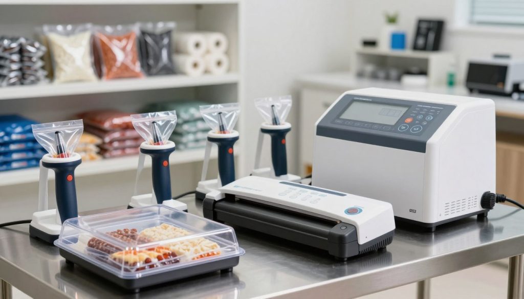 A well-organized workspace featuring various vacuum packaging equipment. In the foreground, showcase a high-quality vacuum sealer with a transparent lid, displaying sealed food items inside. In the middle, include different models such as handheld vacuum sealers and large commercial machines, set on a clean, stainless steel table. The background reveals shelves stocked with vacuum pouches, rolls of heat-sealable bags, and accessories, enhancing the professional atmosphere. The scene is well-lit with soft, diffused lighting, creating a bright, inviting environment. A shallow depth of field directs focus toward the equipment, emphasizing their modern design and functionality. The mood conveys efficiency and innovation in packaging solutions, suitable for both home and commercial use.