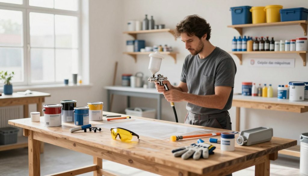 A well-organized workspace for painting equipment preparation, featuring a brightly lit, spacious area. In the foreground, a sturdy wooden workbench is neatly arranged with high-quality tools, paint cans, and safety gear, including goggles and gloves. The middle ground showcases a professional technician in smart casual attire, diligently inspecting a paint spray gun, focusing on ensuring all parts are secure and functional. The background displays wall-mounted shelves stocked with safety equipment and organized supplies, with natural light streaming through large windows, creating a warm and inviting atmosphere. A subtle branding element of "Galpão das máquinas" is visible on a banner in the background, underscores a sense of professionalism and safety without distractions. The overall mood is serious yet approachable, conveying a commitment to safe practices in a painting environment.