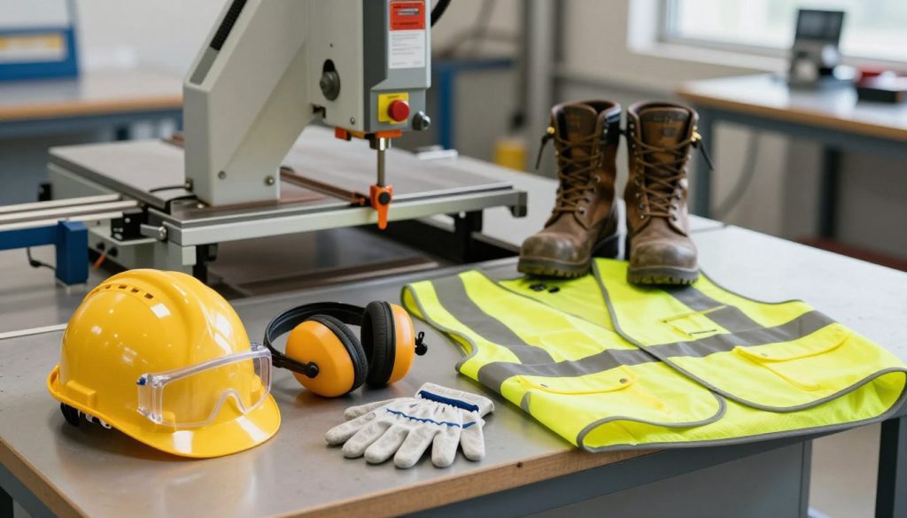 A well-organized workspace showcasing essential personal protective equipment (PPE) for industrial band saw operations. In the foreground, display a hard hat, safety goggles, ear protection, and cut-resistant gloves on a sturdy workbench. In the middle, position a pair of steel-toed boots and a high-visibility vest laid out prominently. The background should feature a band saw setup, with visible safety features like an emergency stop button and a well-lit factory space. Utilize bright, even lighting to create a sense of safety and professionalism. The angle should be slightly elevated, giving a comprehensive view of the PPE and workspace. Aim for a clean, focused composition that conveys the importance of safety in industrial settings, evoking a serious and responsible atmosphere.