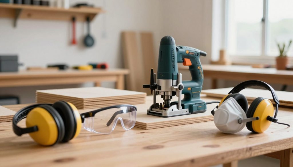 A well-organized workspace showcasing essential safety equipment for using a router on MDF. In the foreground, focus on protective gear including safety goggles, ear protection headphones, and a dust mask, all neatly arranged on a wooden workbench. In the middle ground, display a stationary router positioned next to neatly stacked MDF sheets while ensuring the tools are visibly well-maintained. The background consists of a bright, well-lit workshop with tools hanging on the wall and a window allowing natural light to flood the space, creating a warm and inviting atmosphere. Use a soft-focus lens effect to emphasize the protective equipment and router while keeping the background slightly blurred to focus attention. The overall mood should be professional yet approachable, highlighting safety as a crucial part of woodworking.