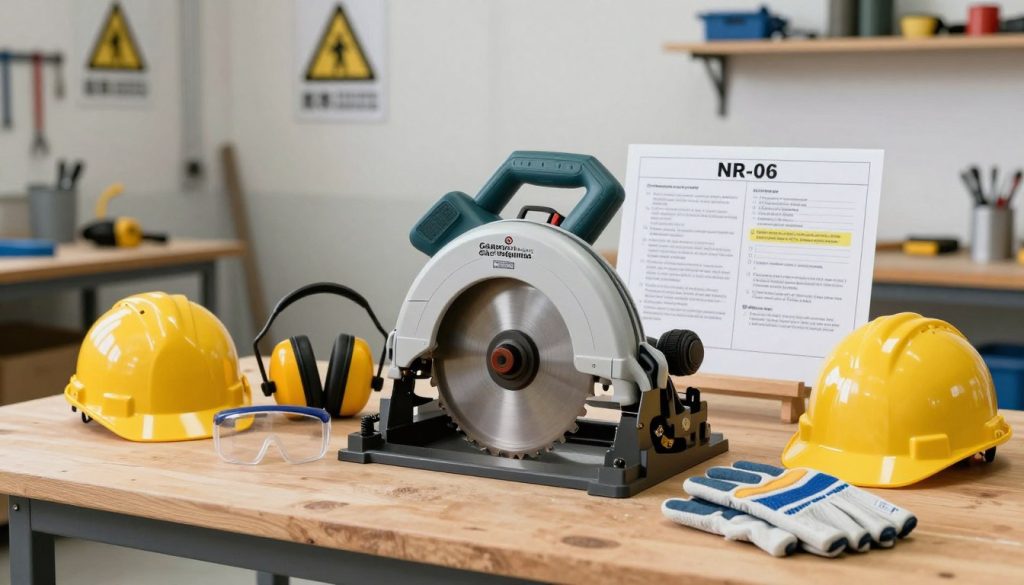 A well-organized workspace showcasing safety equipment and compliance related to NR-06 regulations for operating a circular saw. In the foreground, a sturdy, modern circular saw sits on a wooden workbench, surrounded by essential personal protective equipment: a hard hat, safety goggles, ear protection, and cut-resistant gloves, all branded with "Galpão das máquinas." The middle ground features a blueprint or guidelines document with highlighted sections on safety standards, subtly displayed. In the background, a clean and well-lit workshop environment emphasizes safety and professionalism, with shelves neatly stocked with tools and safety signage visible. The lighting is bright and evenly distributed, casting soft shadows to create a focused yet inviting atmosphere. The overall mood reflects safety awareness and compliance with industry regulations.
