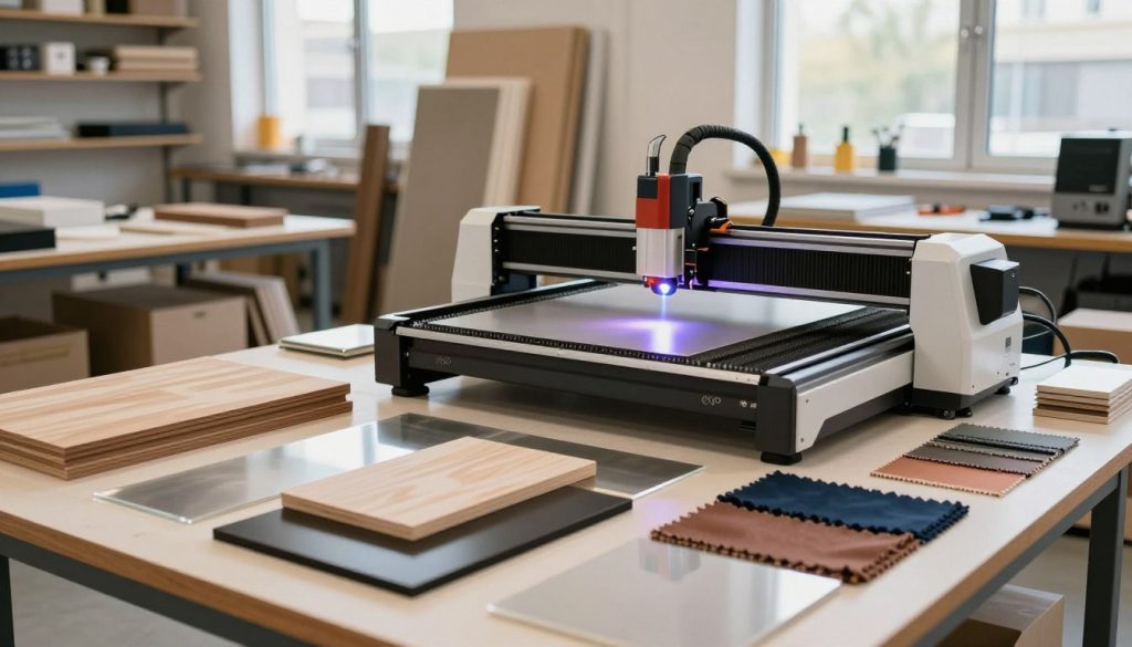 A well-organized workspace showcasing various materials compatible with laser cutting. In the foreground, several items such as wood, acrylic, metal sheets, and fabric samples are artfully arranged. The middle ground features a sleek, high-tech laser cutting machine with its laser head poised above the materials, emitting a soft, focused beam of light. The background shows a bright, well-lit workshop environment with shelves filled with more raw materials and tools. Natural daylight filters through large windows, creating a warm and inviting atmosphere. The overall mood should be innovative and professional, emphasizing the potential of laser cutting technology. Capture the scene with a slightly angled view to highlight the intricate details of the materials and the laser cutter in action. A well-organized workspace showcasing various materials compatible with laser cutting. In the foreground, several items such as wood, acrylic, metal sheets, and fabric samples are artfully arranged. The middle ground features a sleek, high-tech laser cutting machine with its laser head poised above the materials, emitting a soft, focused beam of light. The background shows a bright, well-lit workshop environment with shelves filled with more raw materials and tools. Natural daylight filters through large windows, creating a warm and inviting atmosphere. The overall mood should be innovative and professional, emphasizing the potential of laser cutting technology. Capture the scene with a slightly angled view to highlight the intricate details of the materials and the laser cutter in action.
