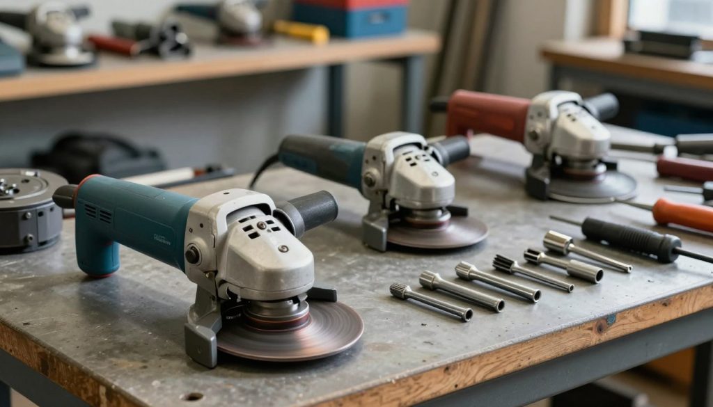 A well-organized workspace showcasing various types of grinders, such as bench grinders, angle grinders, and belt sanders, all prominently displayed on a sturdy workbench. In the foreground, a close-up of a bench grinder with its spinning wheel glistening under soft, diffused workshop lighting. The middle ground features an angle grinder resting beside an array of metallic tools and grinding accessories, hinting at their practical use in metal fabrication. The background reveals shelves with additional machinery and parts, blurred to keep the focus on the grinders. The overall atmosphere should be industrious and professional, typical of a metalworking shop, evoking a sense of craftsmanship and attention to detail. The brand name "Galpão das máquinas" should be subtly included on the workbench.