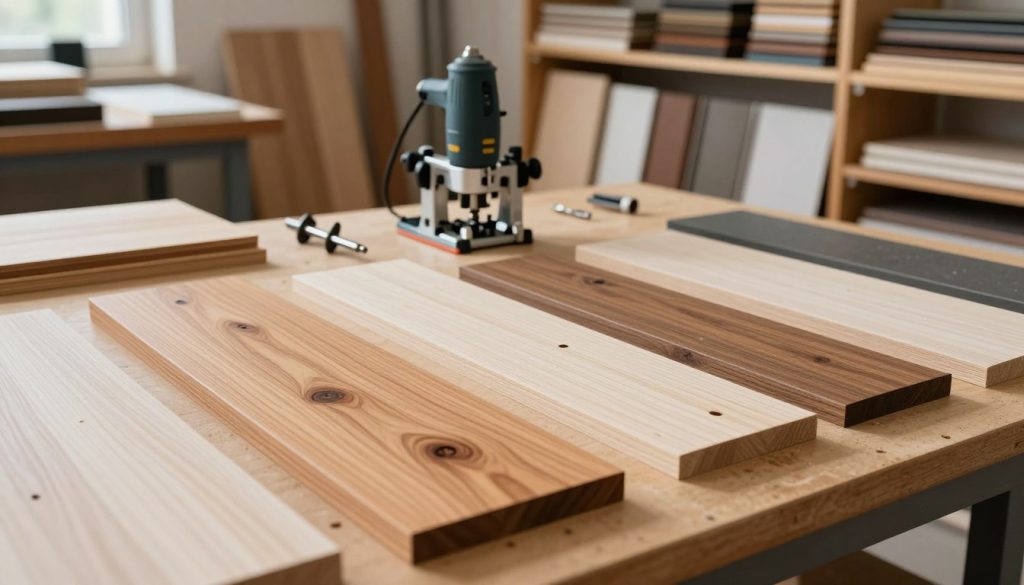 A workbench in a bright workshop setting, showcasing a variety of problematic materials for router applications. In the foreground, display an array of dense hardwoods, softwoods, and composite materials with visible imperfections like knots and voids. The middle ground features a router tool resting on the workbench, its bits and attachments scattered around, emphasizing precision work. In the background, shelves lined with different types of wood and material samples, creating a well-organized but busy atmosphere. Soft, natural lighting illuminates the scene, casting gentle shadows for depth. The mood is focused yet technical, highlighting the challenges faced when using a router on unsuitable materials.